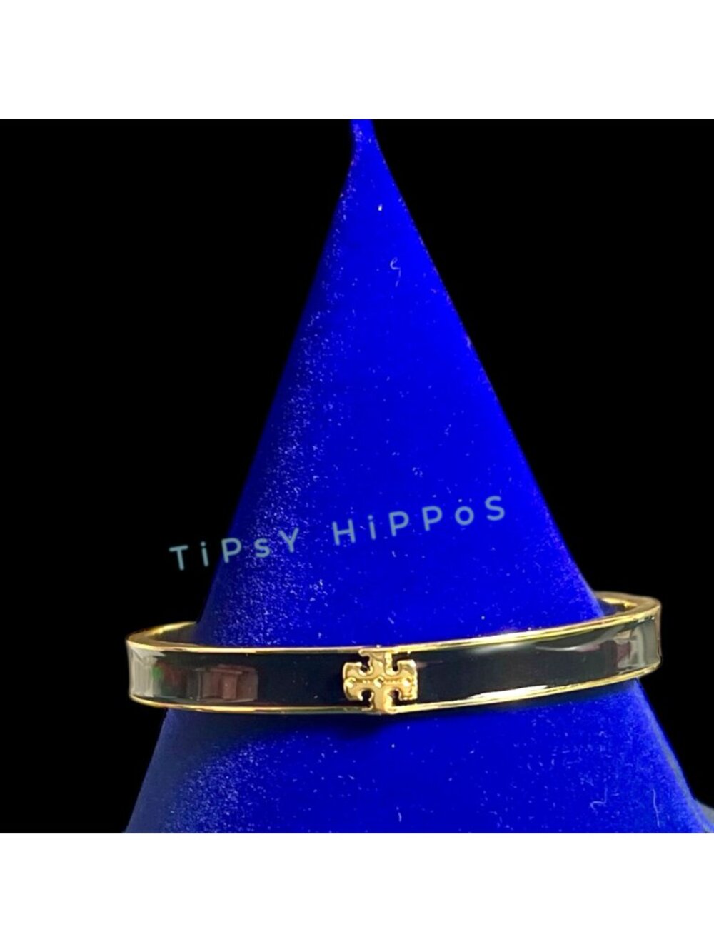 ***Tory Burch Kira Black & Gold Enamel Logo Hinged Bangle Bracelet - Picture 9 of 16